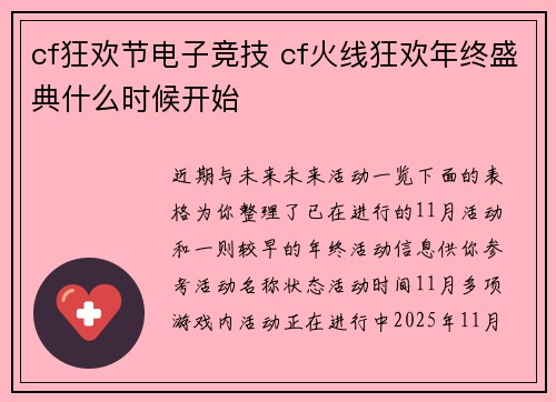 cf狂欢节电子竞技 cf火线狂欢年终盛典什么时候开始